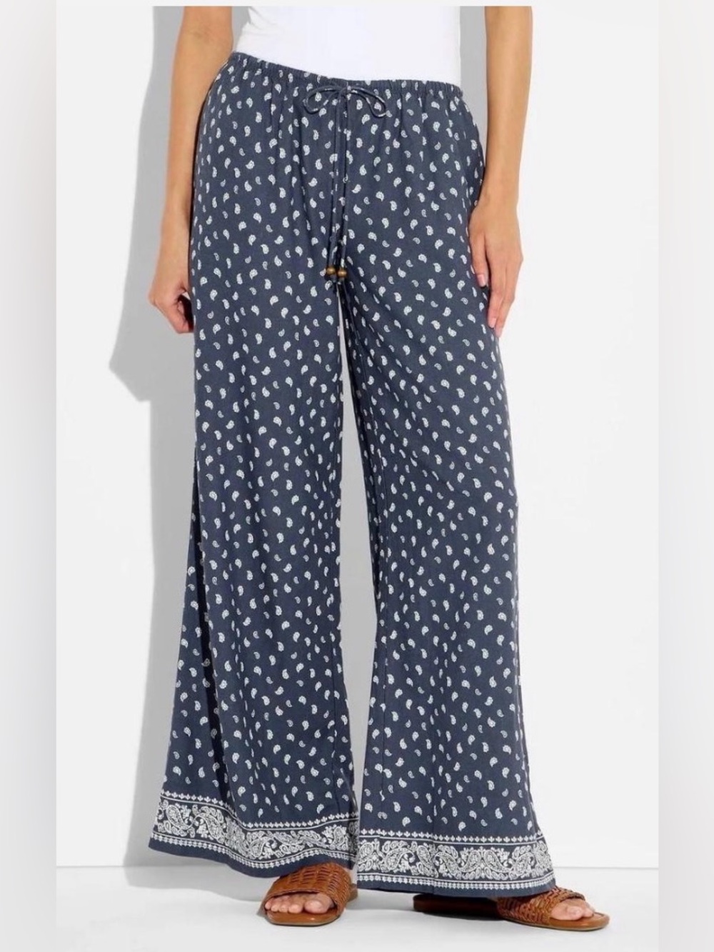wild fable Navy Paisley-Print Wide Leg Pants with Drawstring